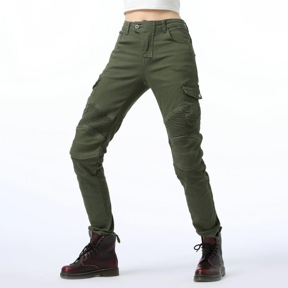 Army green casual motorcycle pants, biker jeans, women's racing pants