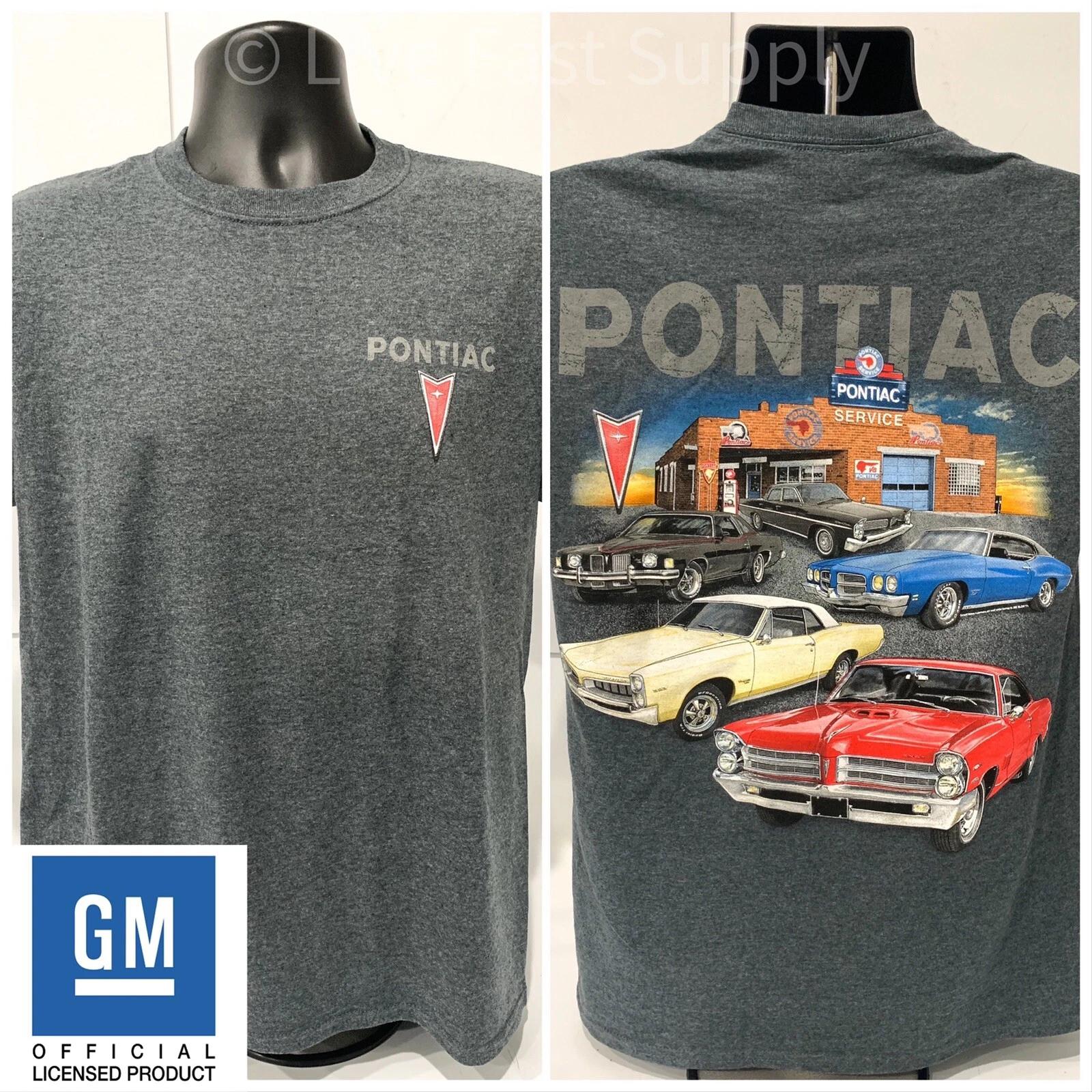 Pontiac T-Shirt - Gray w/ Multiple Cars Service Station Scene - Licensed M