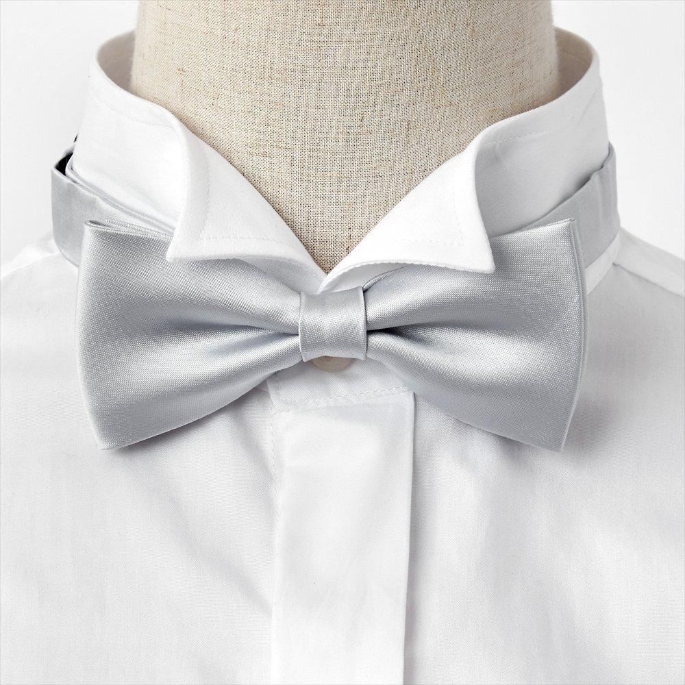 [Ojie] Bow Tie, 100% Silk, Satin, Solid Color, Made in Japan, Formal, Wedding, Reception, After-Party, Party, Casual, Silver