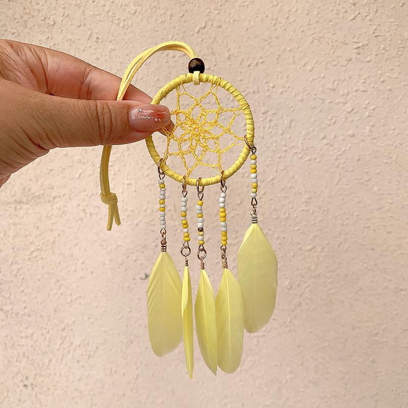 Bohemian Dream Catcher Wind Chime Pendant with Rice Beads - 5cm Wide, Southeast Asian Ethnic Style for Car Decoration.