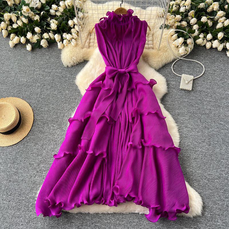 Wooden Ear Silm Long Pleated Chiffon Dress