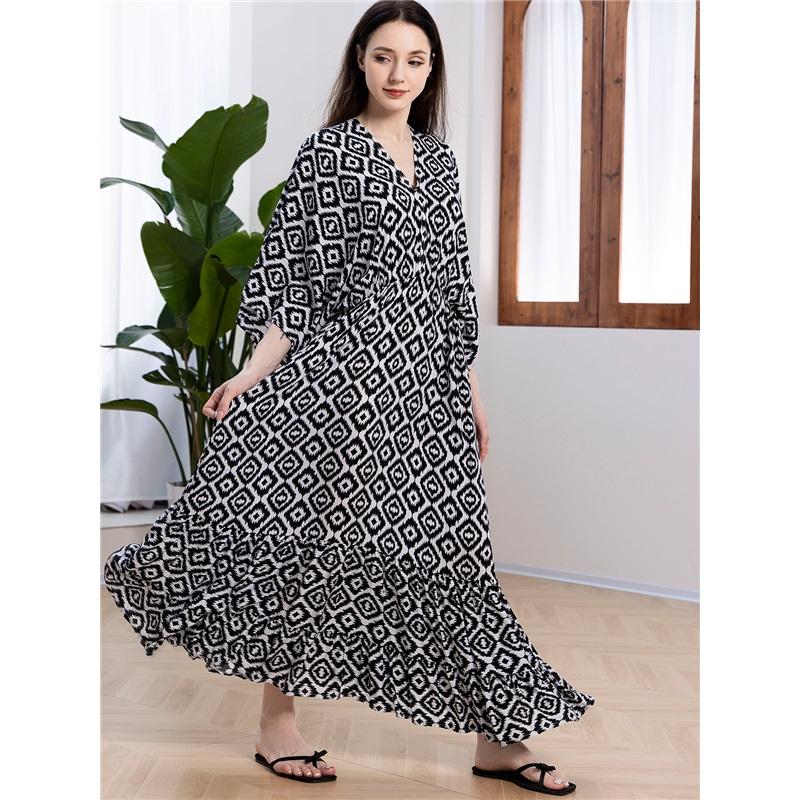 European And American Summer Ladies Floral Dress Loose A-line Printed Long Skirt Beach Blouse Holiday Style