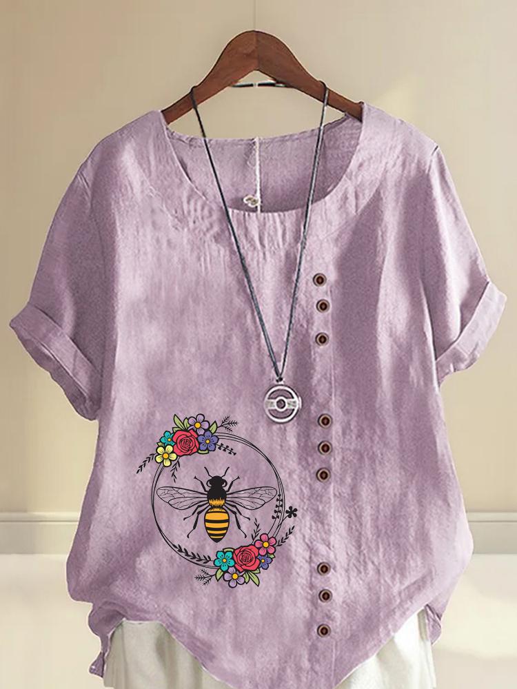 Women's Fashion Bee Flowers Print Shot Sleeve T-shirt Loose Cotton Shirt Casual Loose Summer Blouse Tops Plus Size