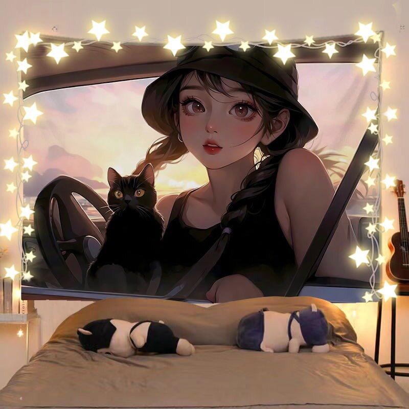 Anime Girl And Cat Healing Scenery Tapestry Wall Hanging Decorative Fabric for Room Headboard Background