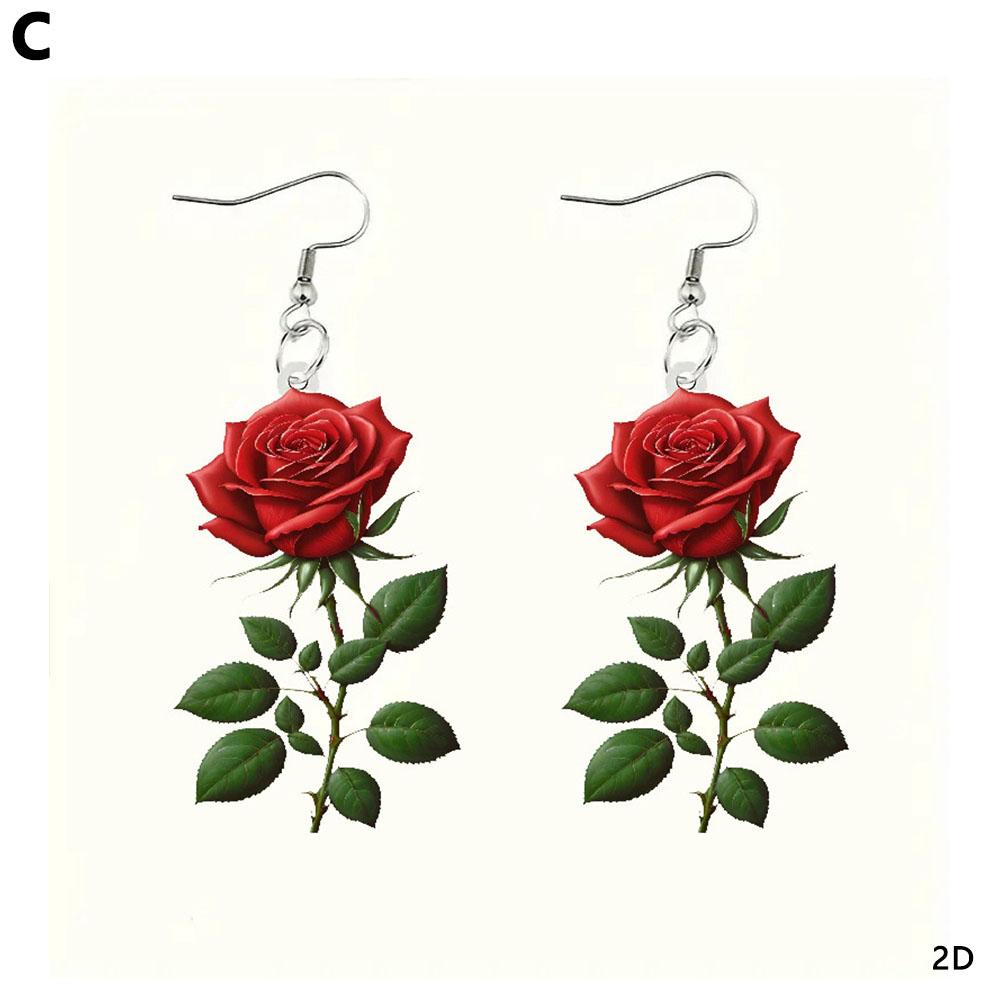 Fashion Acrylic 2D Flat Rose Earrings Romantic 2D Flat Rose Forest Flower Earrings Retro Art Style Earrings Jewelry Gifts