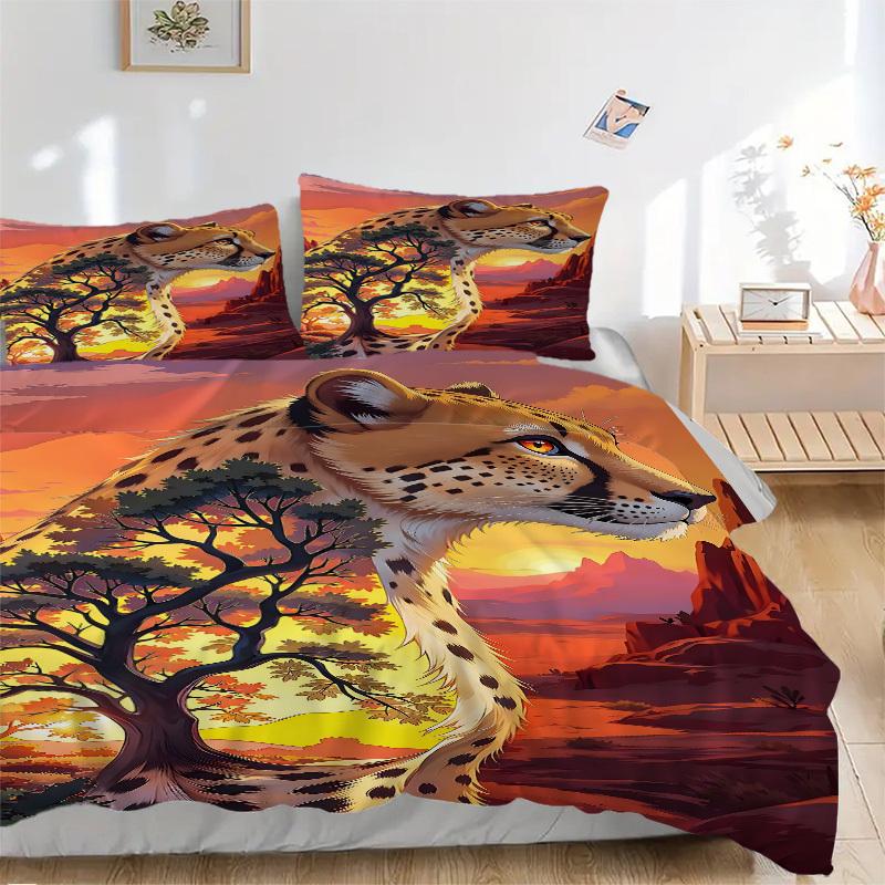 3pcs Cheetah Print Bedding Set - 1 Duvet Cover + 2 Pillowcases(Core Not Included), Machine Washable Polyester yy251216105