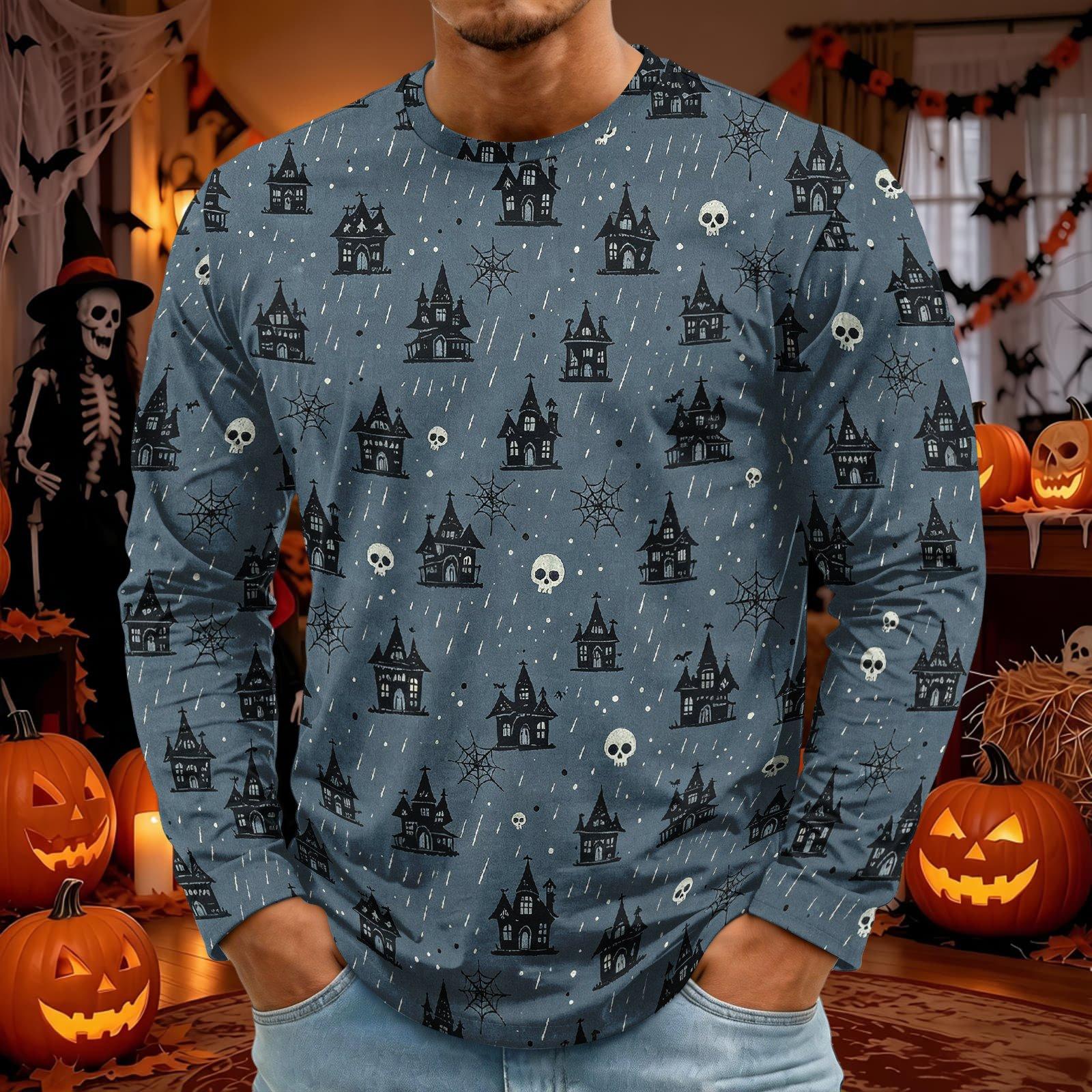 Men s Long Sleeve Halloween Print T-Shirt with Round Neck, Fashion Top for Halloween Events XXL