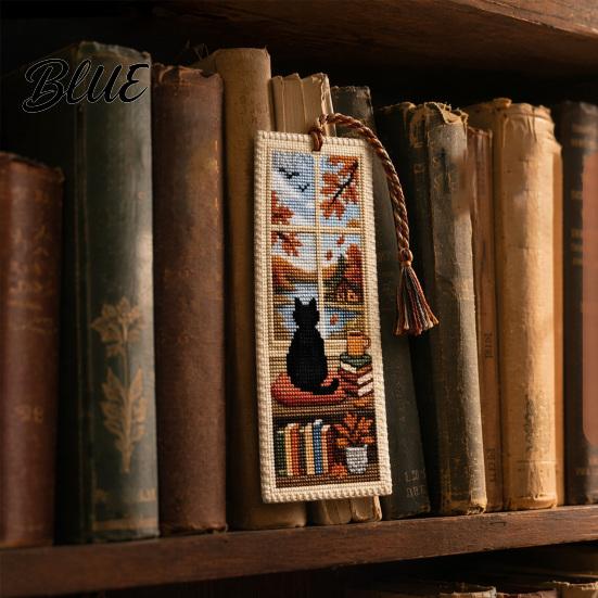 Cross-stitch Bookmark Seasonal Cat Cross-Stitch Bookmark Four Seasons Black with Artistic Braided Rope Handcrafted Book Page Marker for Lovers
