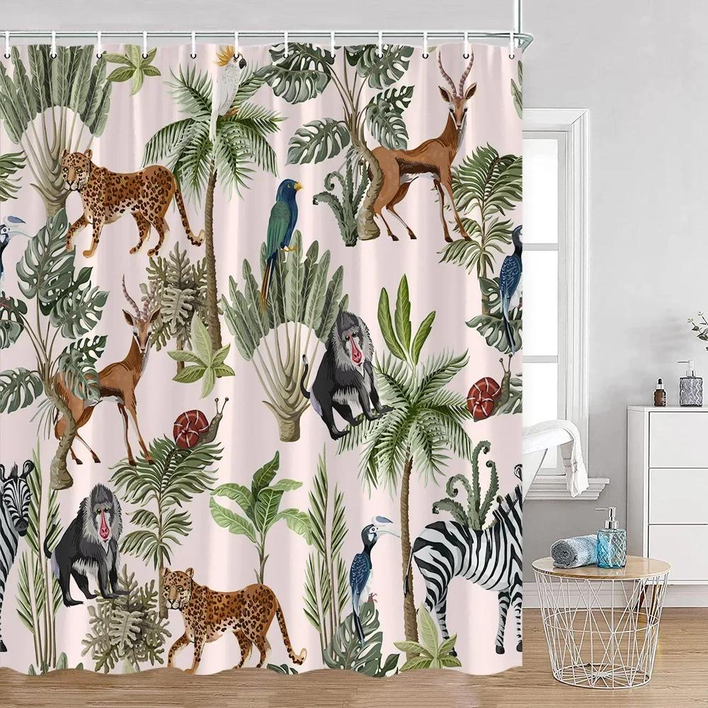 Tropisches Tier Duschvorhang Leopard Wildtier Flamingo Papagei Zebra Grüne Pflanze Palmenblatt Badezimmer Vorhang Dekoration