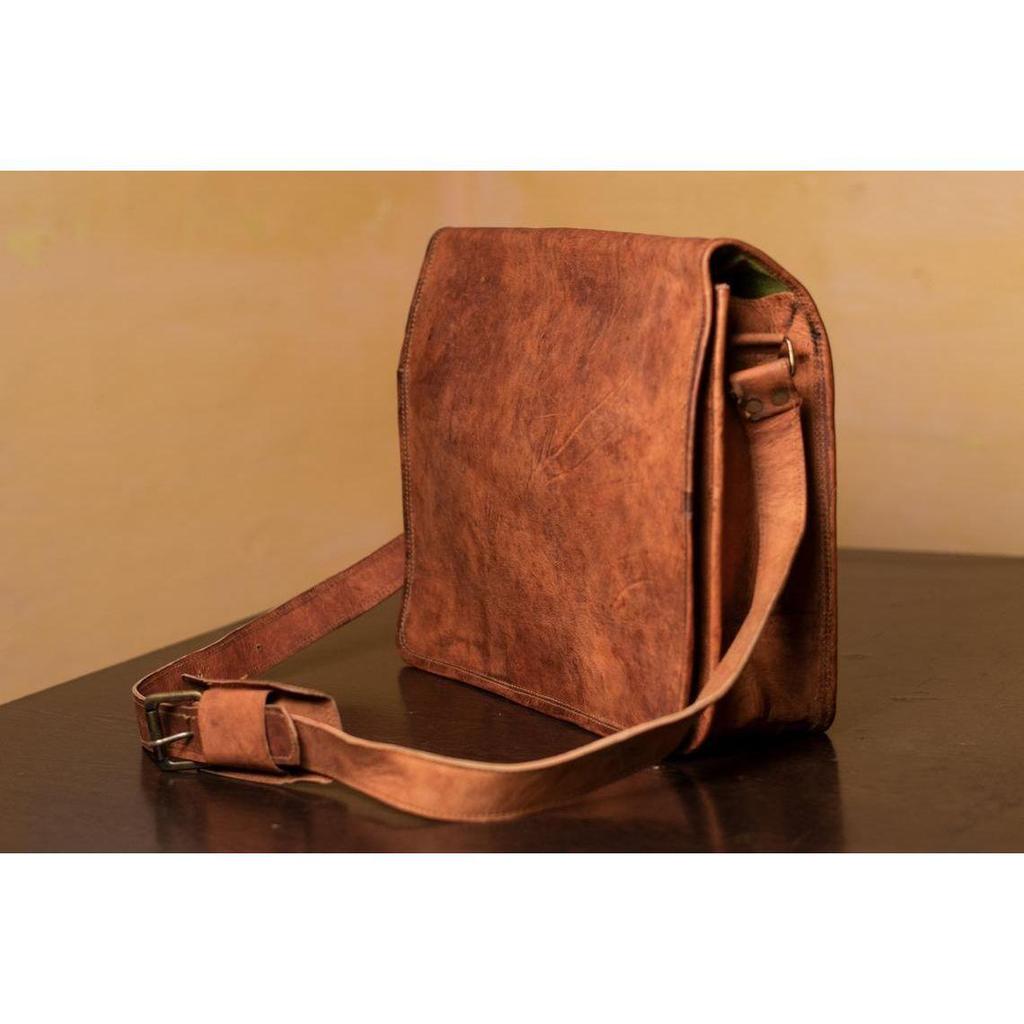 Vintage Genuine Goat Leather Brown Men's Laptop Shoulder Messenger Satchel Bag