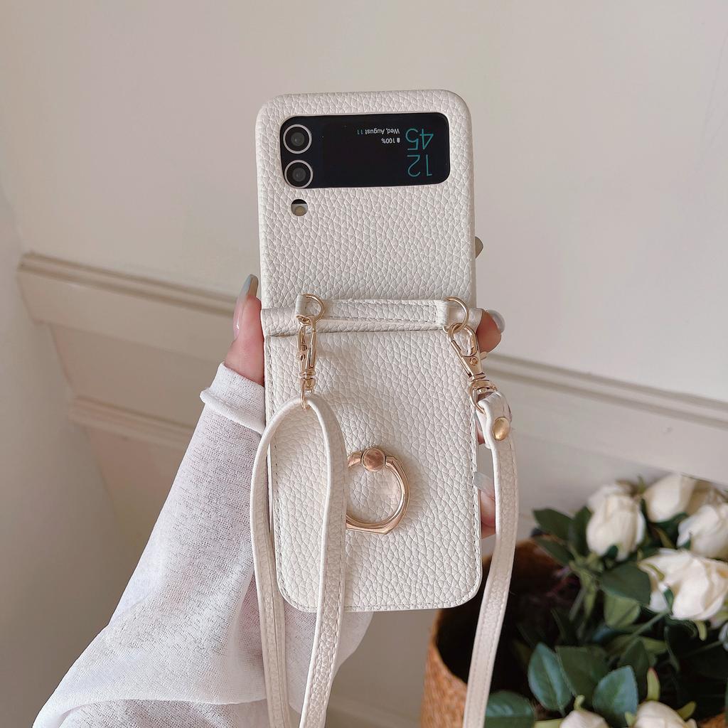 Applicable To Samsung ZFlip4 Folding Messenger Lychee Pattern Zflip3 Ring Mirror Card Bag Long Lanyard Protective Cover