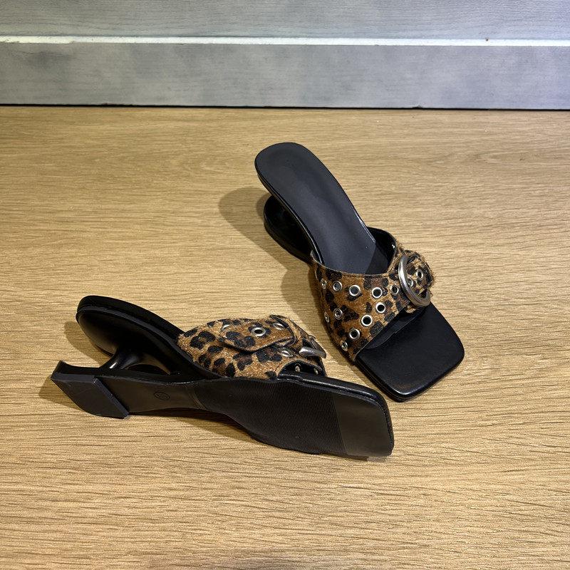 Women High Heels Sandals Leopard Buckle Strange Style Slippers Square Toe Slip on Sexy Shoes Women Summer New Dress Party Shoes