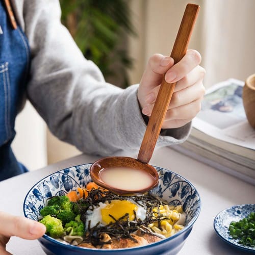 YFWOOD Wooden Spoons and Ladles, Set of 4 (2 Ladles + Slotted Ladle), 22cm Long Handle, Lightweight, Lacquered, for Ramen, Shabu-Shabu, and Hot Pot Co