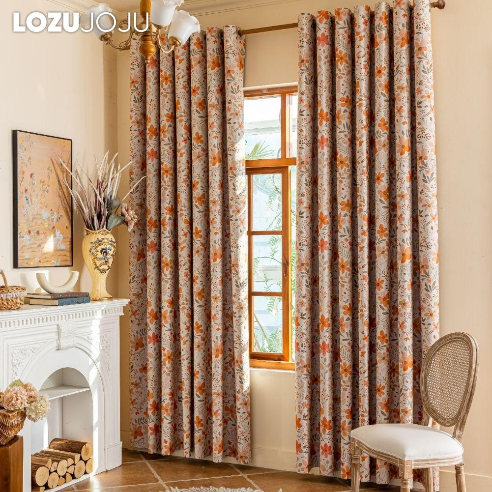 1 buc LOZUJOJU Cortină opacă cu imprimeu floral portocaliu vintage franțuzesc, 100% opacă, cortină versatilă pentru dormitor, living, balcon, fereastră, pentru decorul casei
