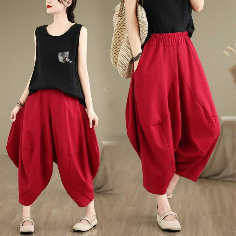 Calças Harem de Perna Larga de Algodão e Linho com Costura Estilo Étnico de Verão Tamanho Plus Nove Pontos