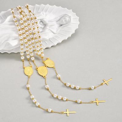 Collares Cruz de Rosario con Perlas para Mujer, Collar de la Virgen María, Cadena Y Crucifijo No se Deslustra, Colgante