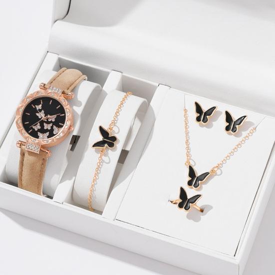 Yousheng 1 Set Women Watch Necklace Bracelet Ring Ear Studs Rhinestone Butterflies Round Faux Leather Strap Ladies Dress Wrist Watch Fashion Jewelry
