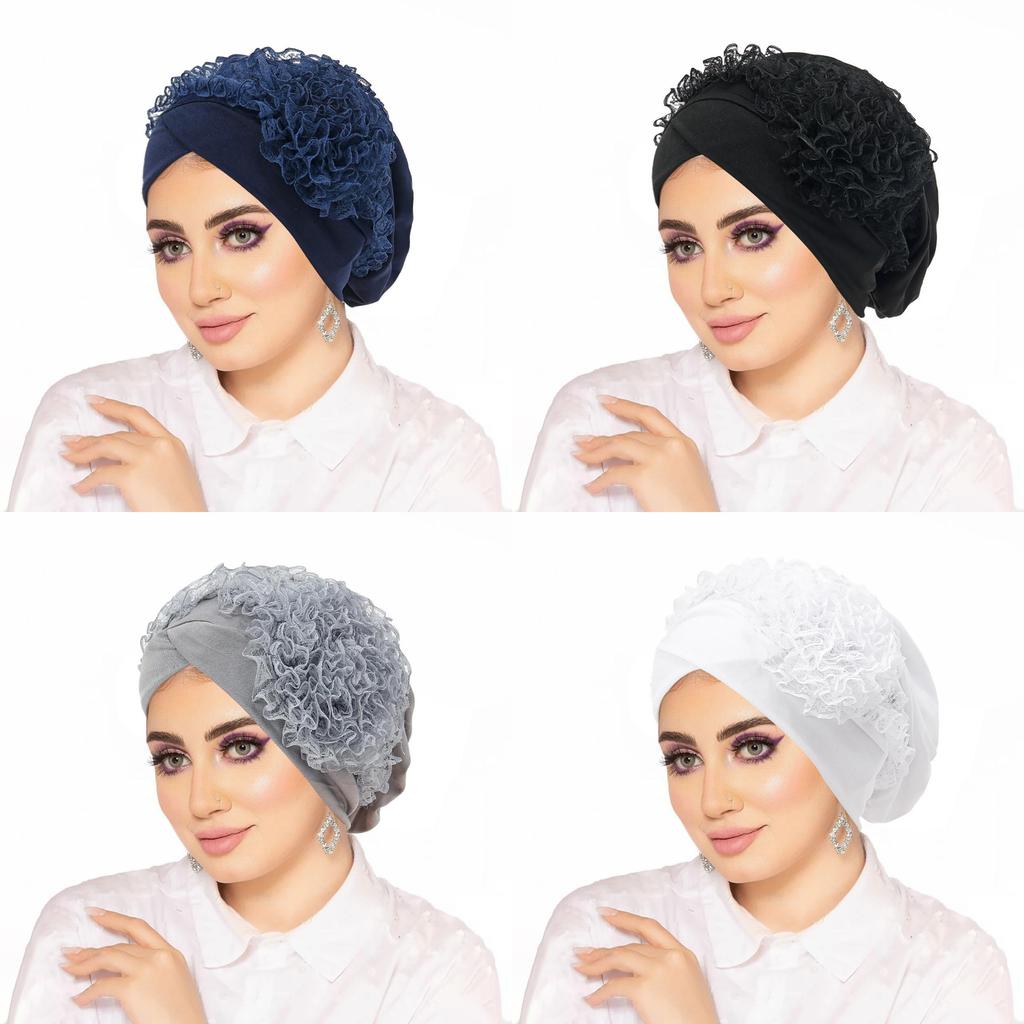Pure Color Headscarf Hat With Floral Lace Design For Women Summer Winter Spring Fall