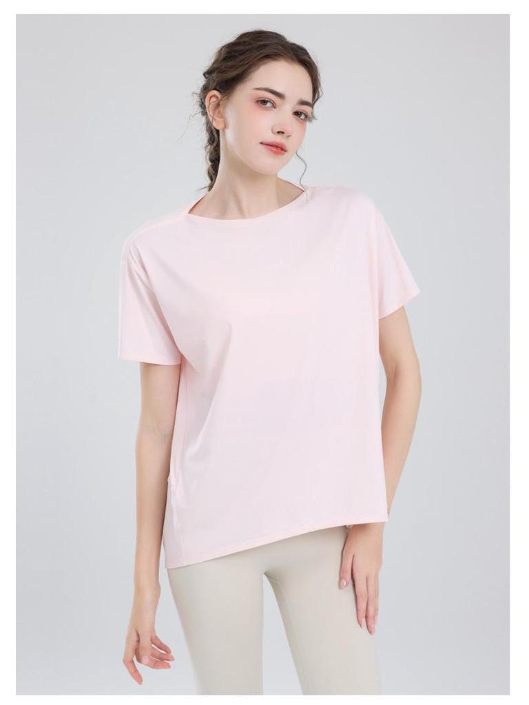 Women's Nude Sports Vest: Loose, Hip-Covering, Slimming Yoga Tops & Summer Training Tees with Short Sleeves.