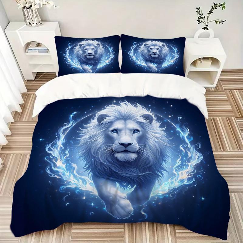 3pcs Blue Flame Majesty Lion Bedding Set - 1 Soft Quilt Cover + 2 Pillowcases, Machine Washable - Suitable for All Seasons, Perfect Gift for Fami