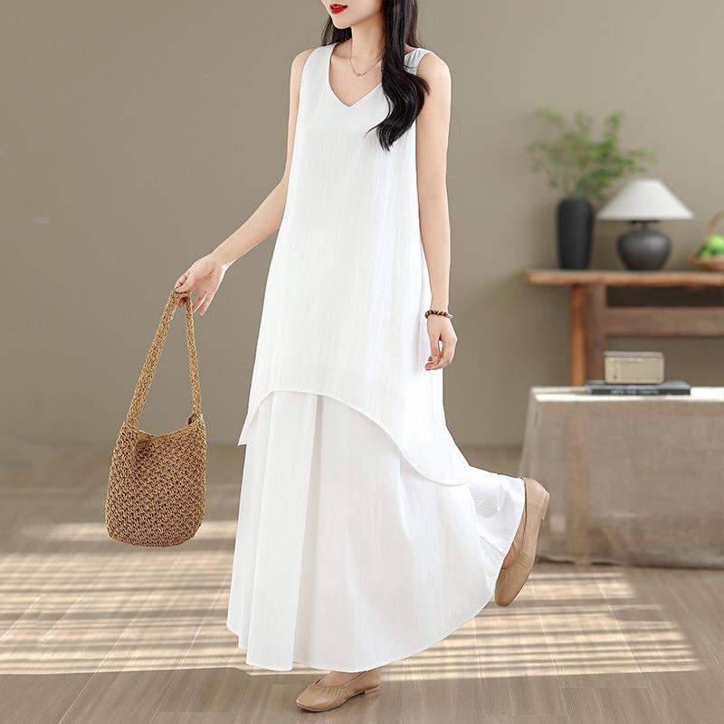 Women s High-End White Sleeveless Suit Dress - Loose Vest & Irregular Skirt Two-Piece Set L
