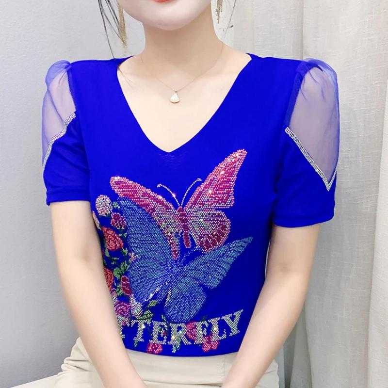New European Brand Women's Clothes T-shirt Sexy V-Neck Luxury Butterfly Hot Diamonds Girls Tops Fashion Summer Short Sleeve Tees