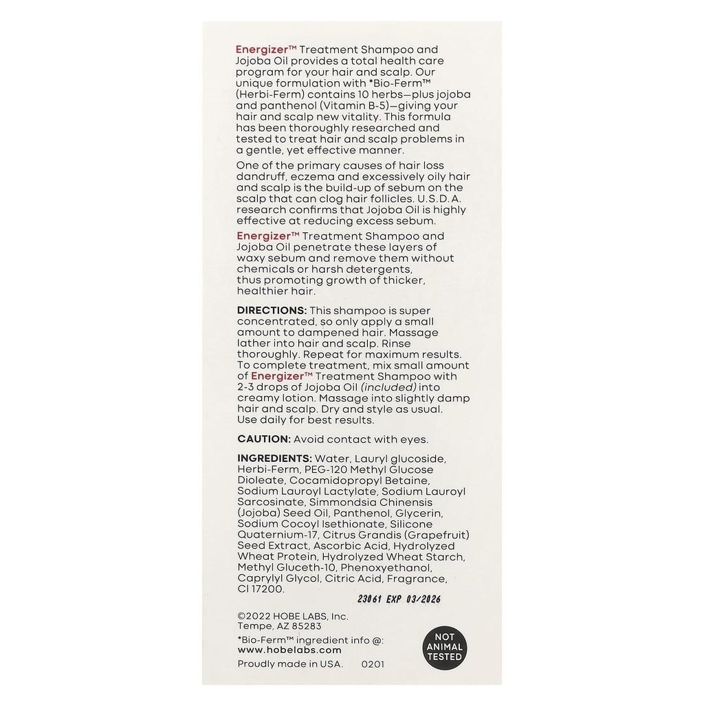 Hobe Labs, Energizer, Treatment Shampoo, for thicker, fuller, healthier hair, 4 fl oz (118 ml)