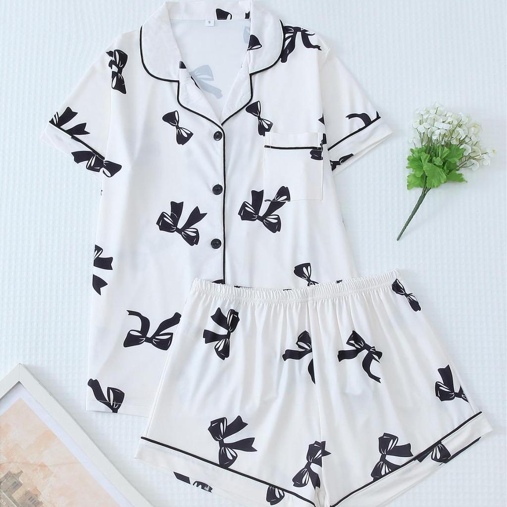 Bow Short-Sleeve Pajama Shorts Set – Stylish Indoor/Outdoor Wear