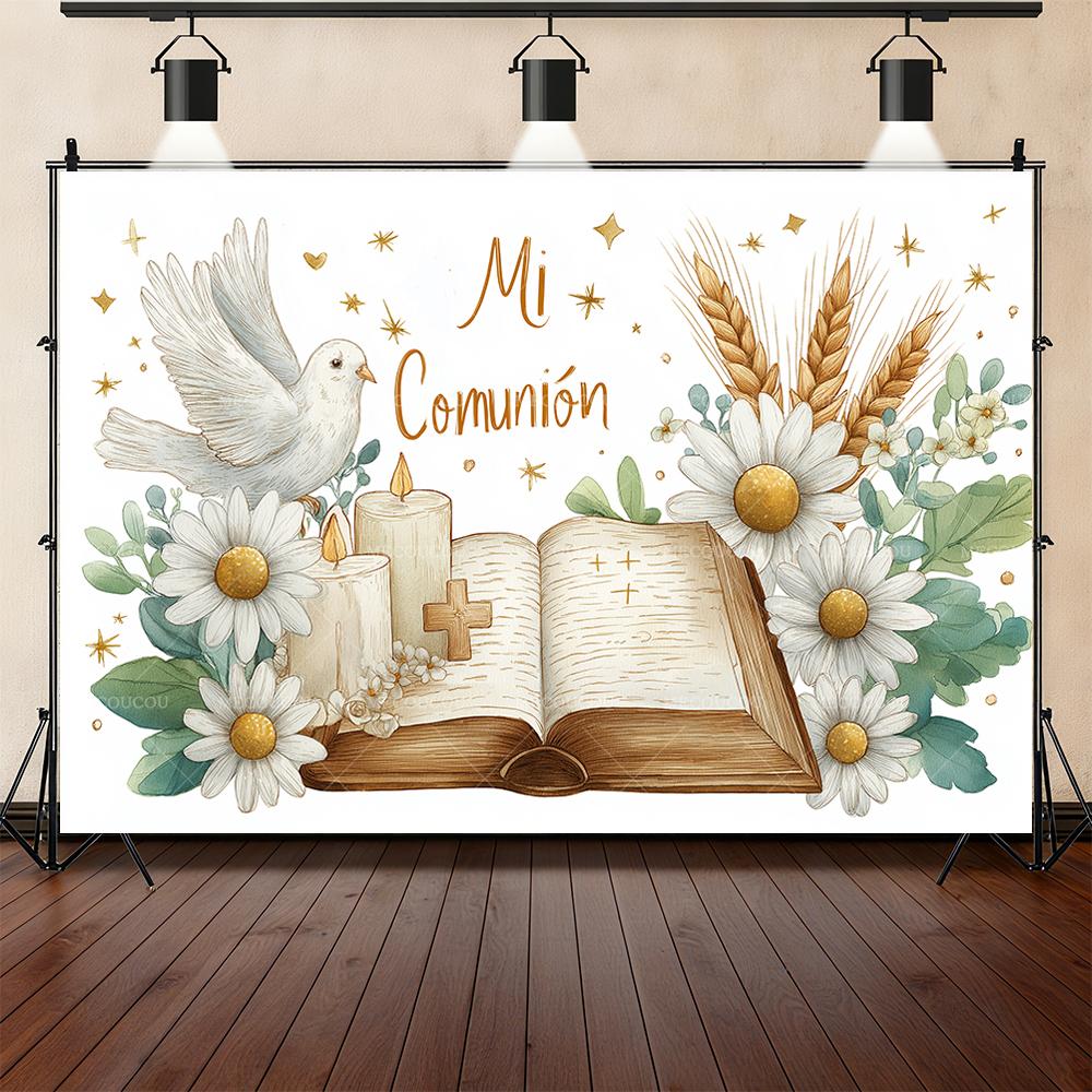 Cross Holy Grail White Dove My First Holy Communion Background Customizable Baptism Party Party DecorationArrangement Background