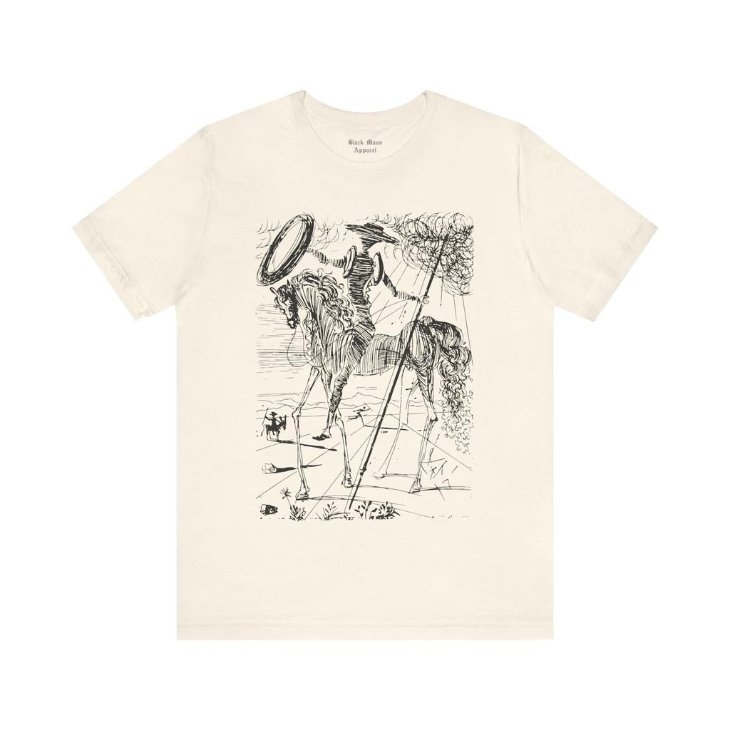 Don Chisciotte, T-Shirt Salvador Dalí, T-Shirt Miguel de Cervantes, Romanzo, Secchione, Schizzo Surreale Maglietta Unisex in Jersey a Maniche Corte