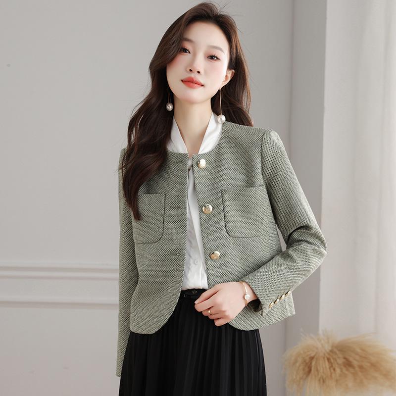 Women's French Style Round Neck Wool Tweed Jacket