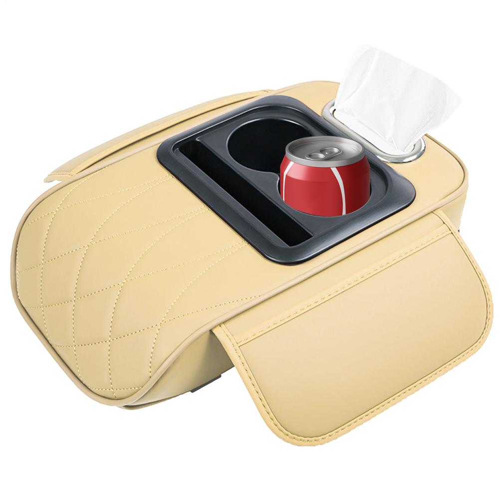 Car Armrest Storage Box Ergonomic Box Cushion Car Center Console Cover With Cup Holder Tissue Box Phone Slot Side Storage Bag