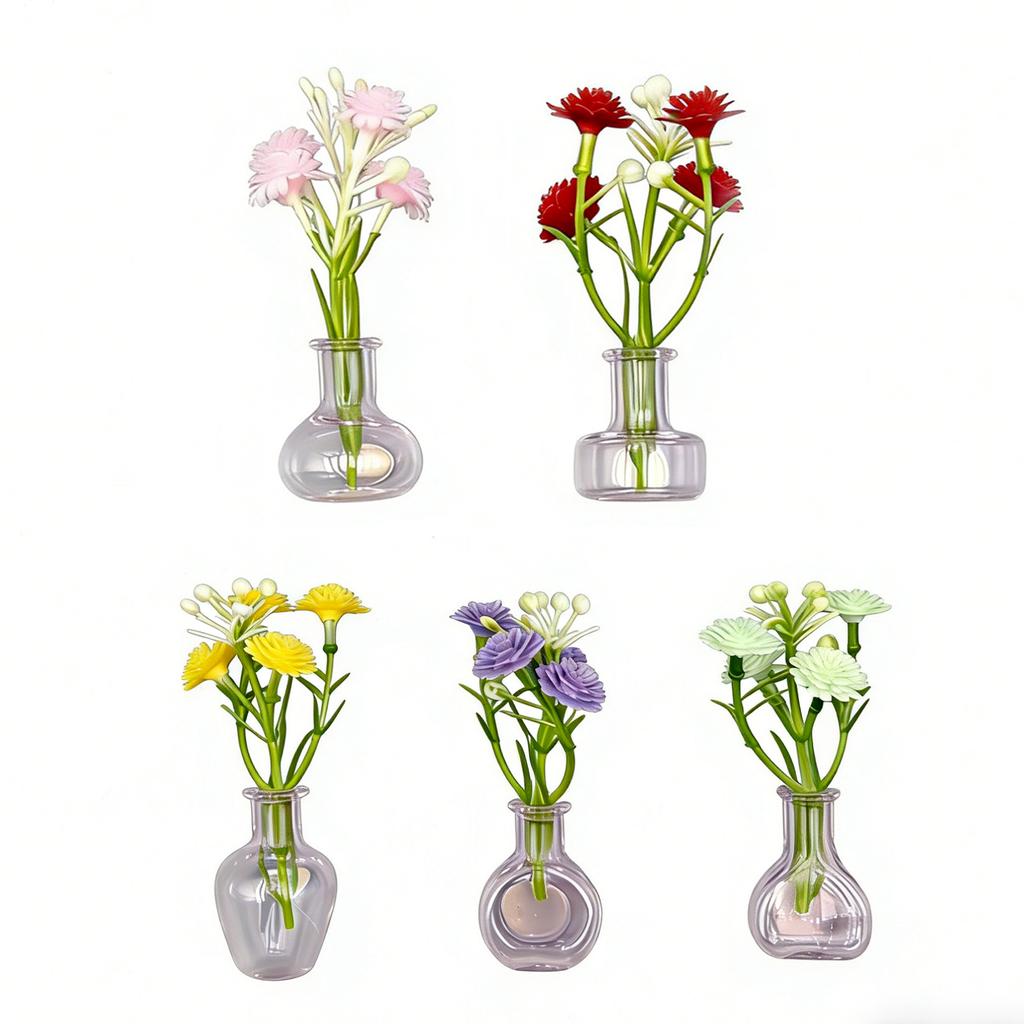 5/8pc Miniature Glass Vases with Faux Flowers Fridge Magnets Set, Artificial Plants Refrigerator Magnet for Kitchen Office Decor
