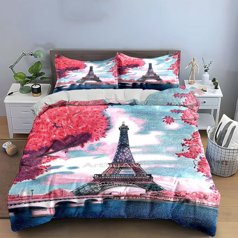 Eiffel Tower, pink trees. Bedding sets Duvet cover sets Duvet covers Pillowcases(1 * Duvet Cover 2 * Pillowcases without duvet insert)