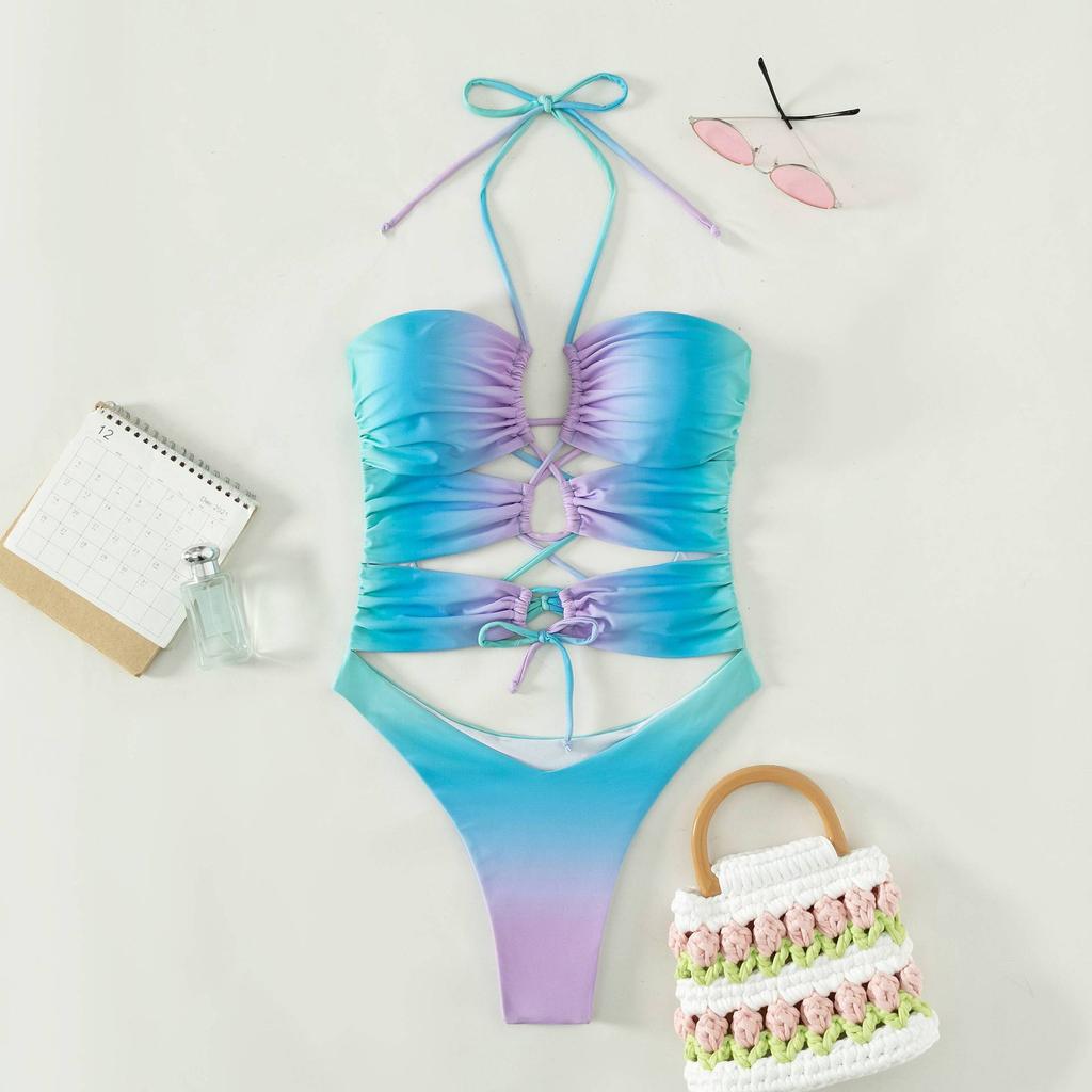 Damen-Bikini-Set mit Neckholder, aushöhlen, Farbverlauf, einteilig, für Damen, Ausschnitt, Schnür-Badeanzug