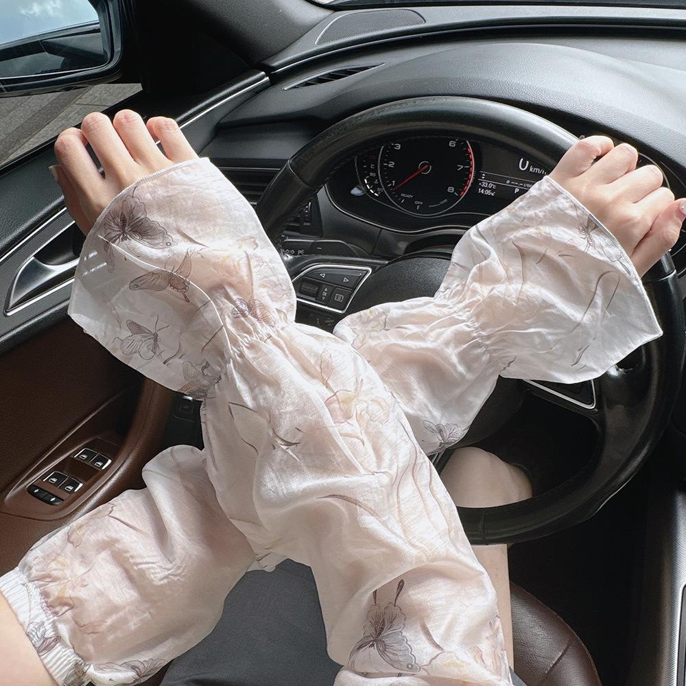 Flower Chinese Style Sleeves Elastic Cycling Gloves Thin Chiffon Sunscreen Arm Covers  Women