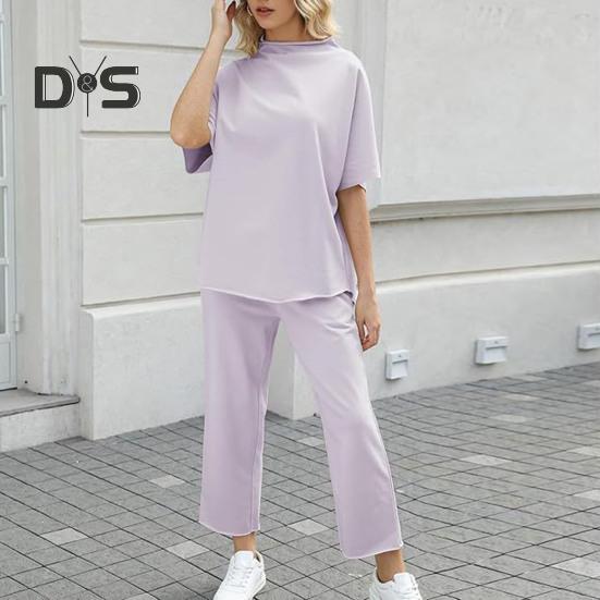 2 ks/sada Dámske Top nohavice Súprava Polovysoký golier Blúzka so širokými nohavicami Elastický pás Nohavice s vreckami Voľný outfit na voľný čas
