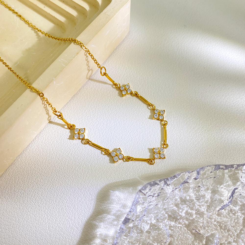 Floral Bar Station Necklace 18K Gold Plated Stainless Steel Flower Pendant Clear Bezel Set Stones Layered Chain Jewelry