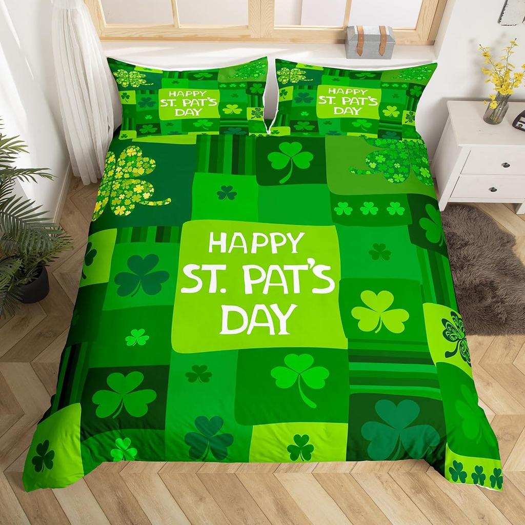 Kids Happy St. Patrick'S Day Duvet Cover Twin Queen Green Clover Comforter Cover With 2 Pillowcases, Colorful Plank Bedding Set