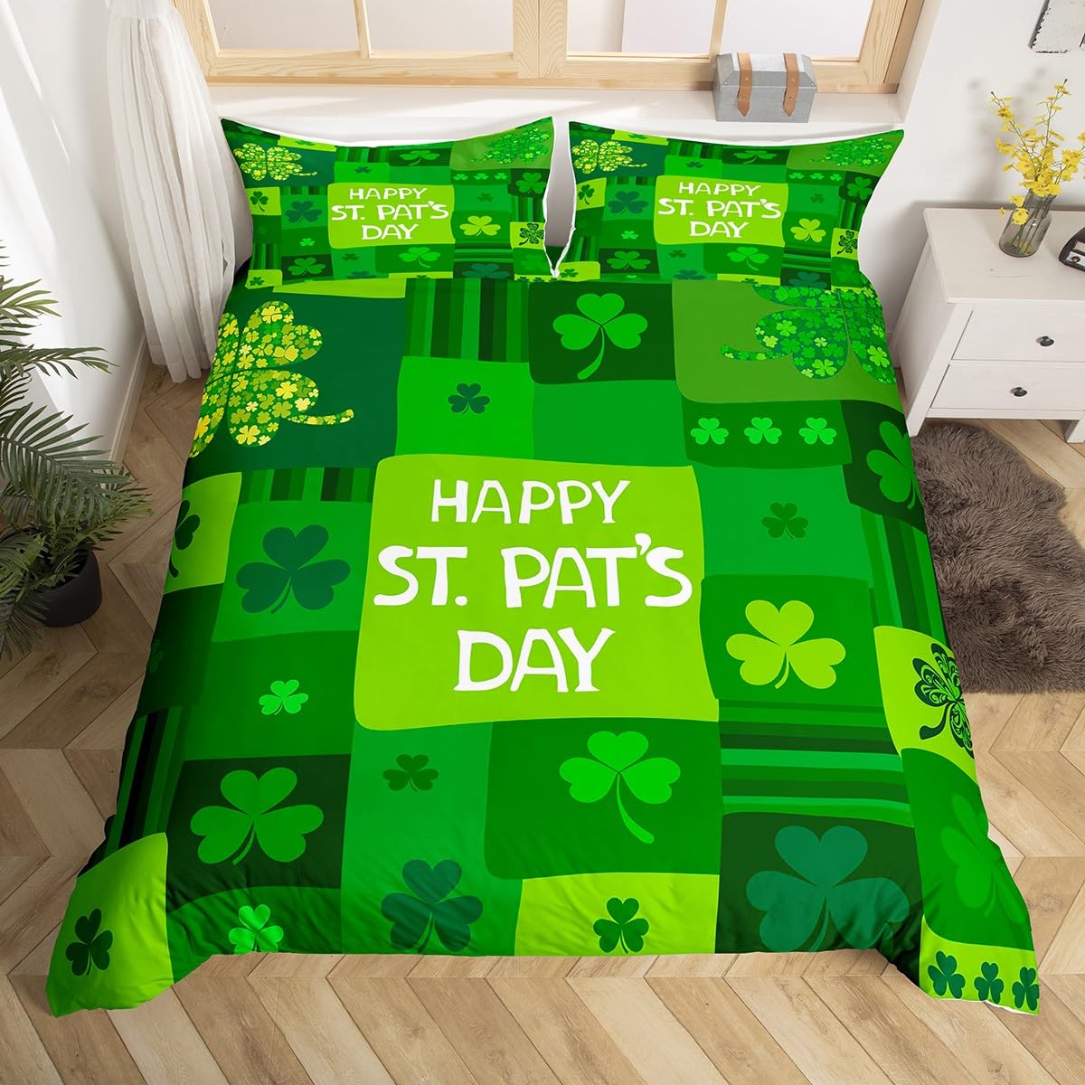 

Kids Happy St. Patrick S Day Duvet Cover Twin Queen Green Clover Comforter Cover With 2 Pillowcases, Colorful Plank Bedding Set EU Single(135x200cm)