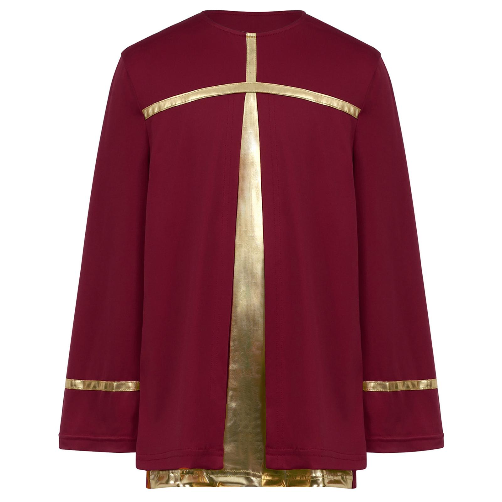 

Boys Praise Dance Costume Long Sleeve Metallic Color Block Patchwork Top Round Neck Liturgical Wear 5-6 Years бордовий