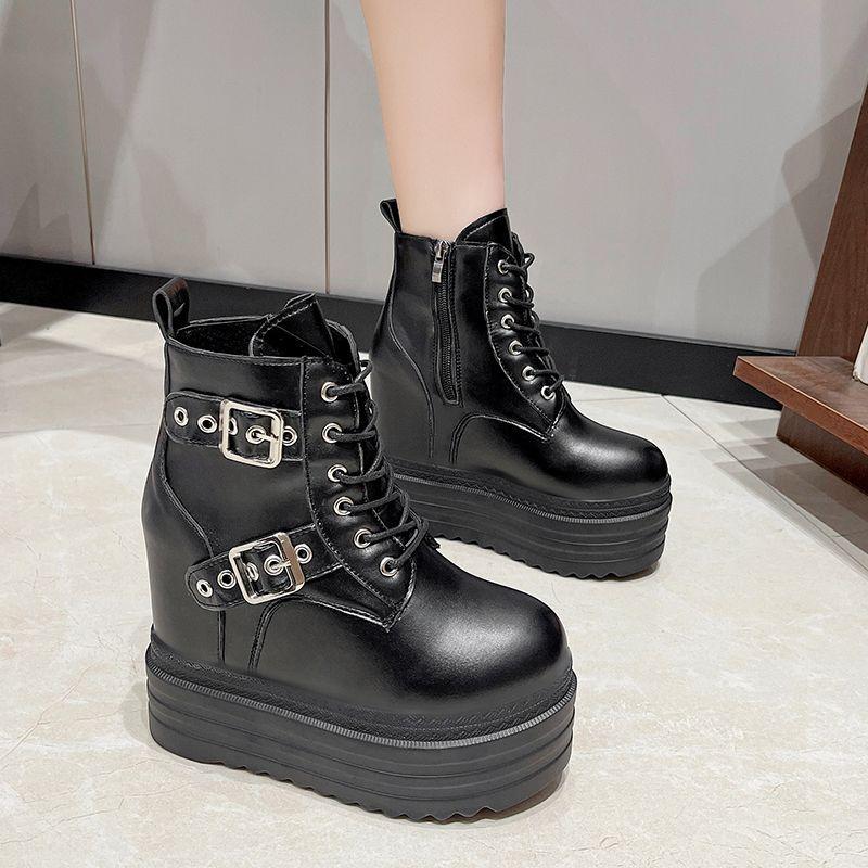 Fashion Women High Platform Ankle Boots Autumn Gothic Style Leather Shoes Buckle Punk Motorcycle Boots Round Toe Chunky Sneakers