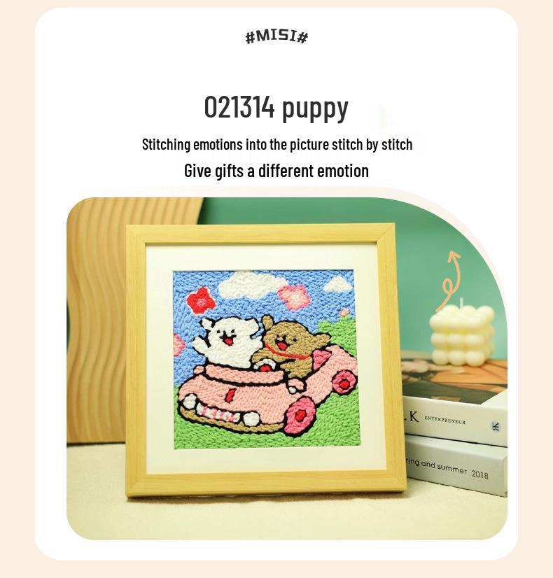 Cute Couple Dog Punch Needle Embroidery Kit – DIY Yarn Painting with Photo Frame, Perfect Handmade Anniversary Gift