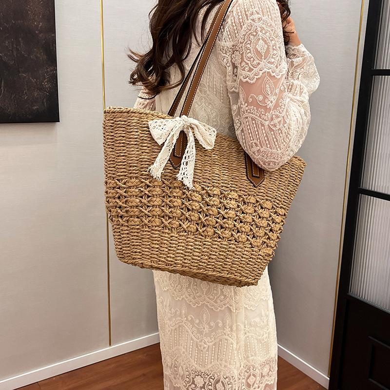 Yogodlns Summer Straw Woven Large Capacity Seaside Tote Bag Women's Basket New Beach Bag Shoulder Underarm Handbag