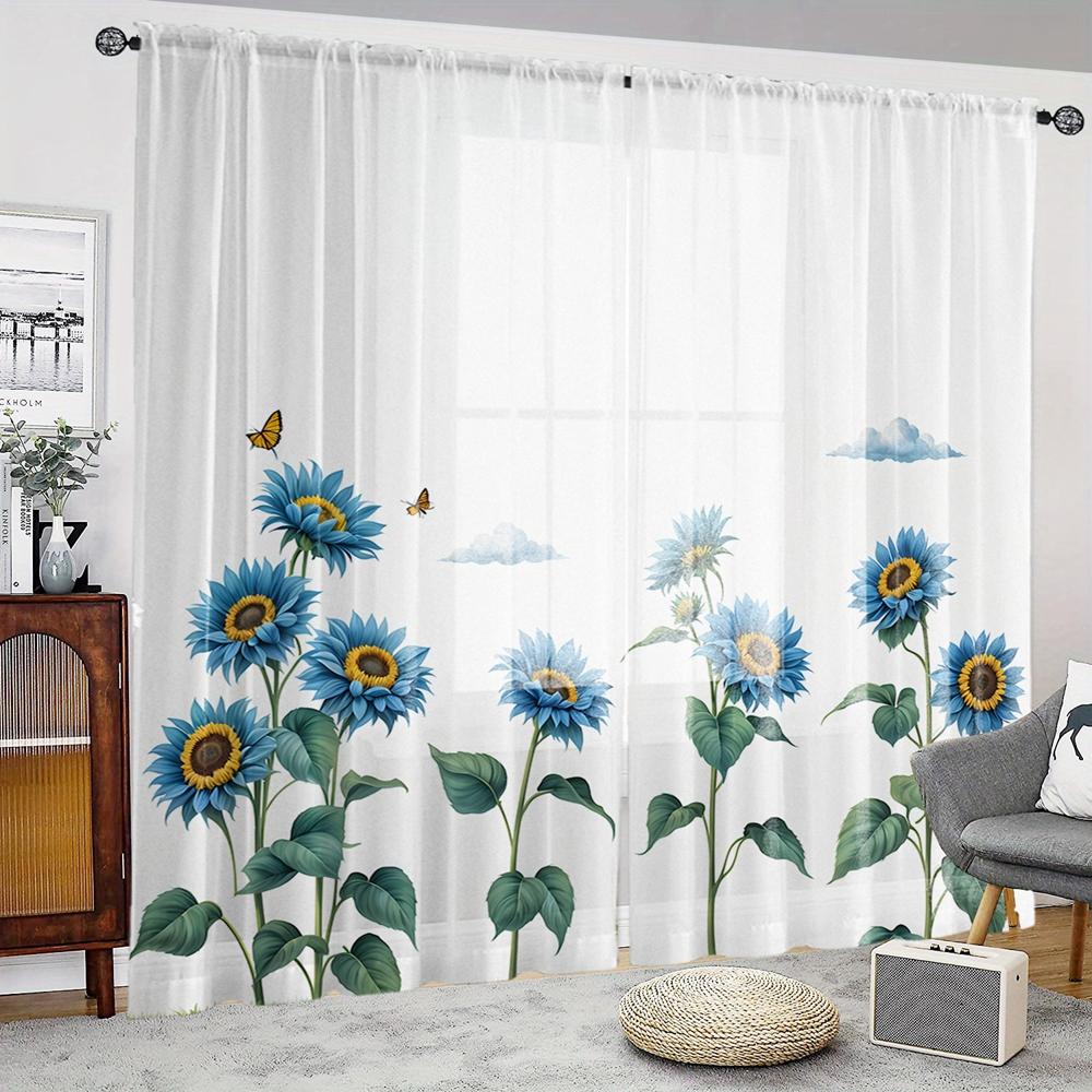 2pcs HD Digital Blue Sunflower Printed Window Screen Home Decorating Style Decorative Living Room Bedroom Rodding Curtain Effect