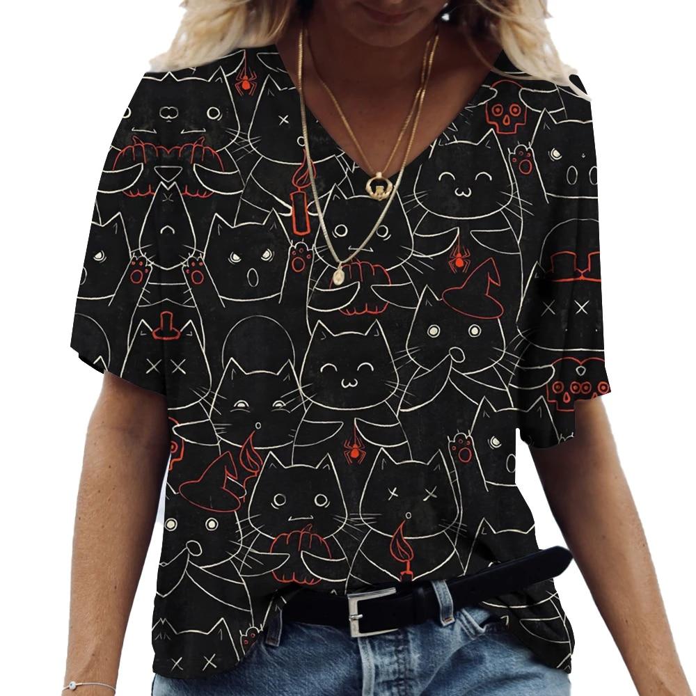 Camiseta de Mujer Gatito Anime Pintura Estampado Chica Ropa Blusa Cuello en V Harajuku Jersey Tops Verano Oversize Manga Corta Camisetas