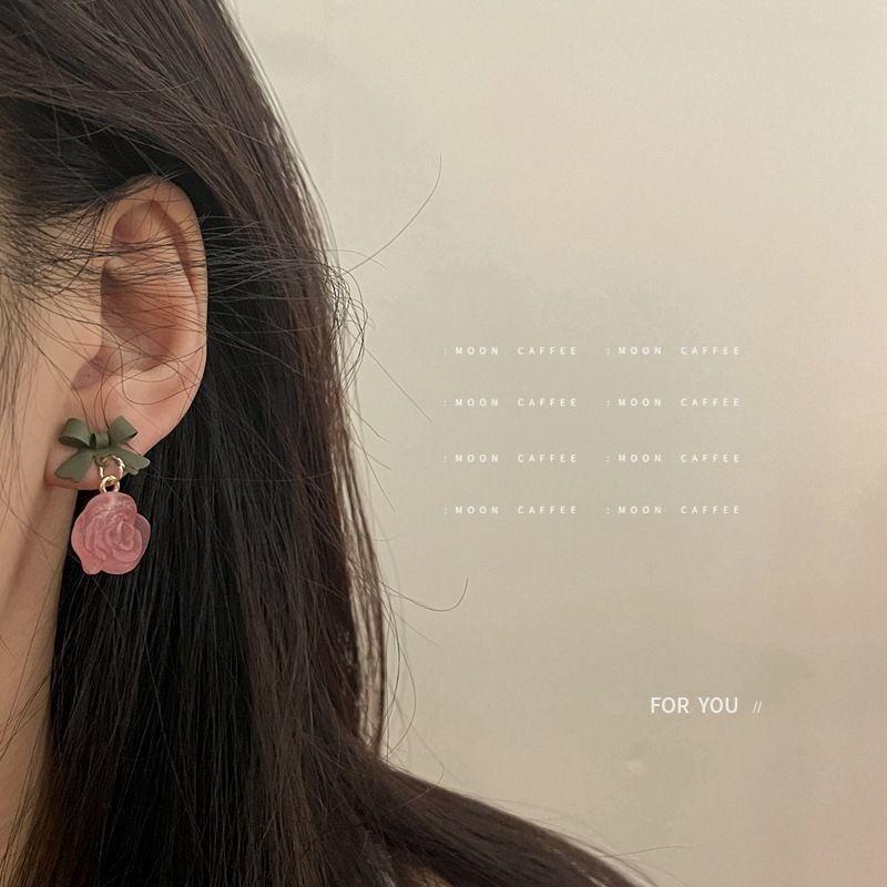 Acrylic Pink Flower Dangle Earrings for Women Sweet Cute Green Bow Knot Drop Earrings Party Sweet Fashion Jewelry