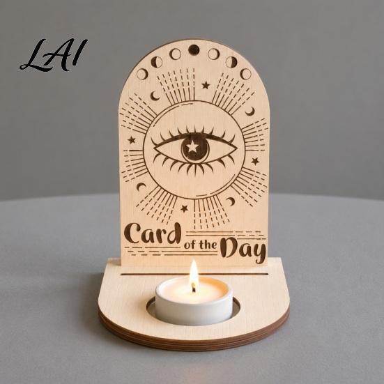 Decorative Tealight Stand Wooden Tarot Card Holder Stand of The Day Candle Holder Moon Rustic Home Decor Sun Star Pattern Altar Display for