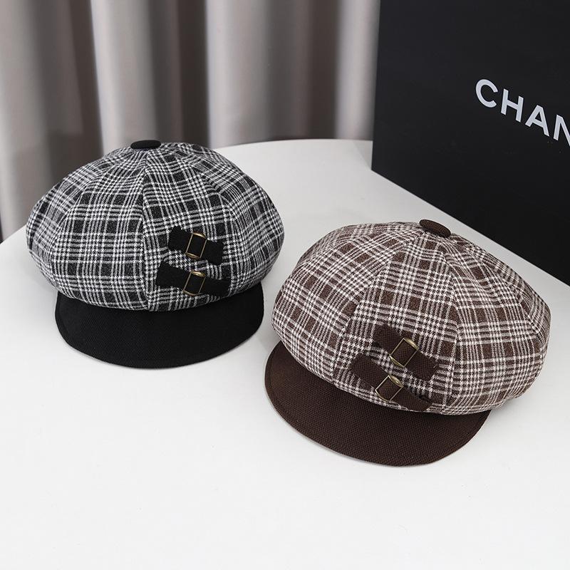 Early spring hat women's new autumn and winter octagonal hat versatile British retro plaid Bere newsboy hat