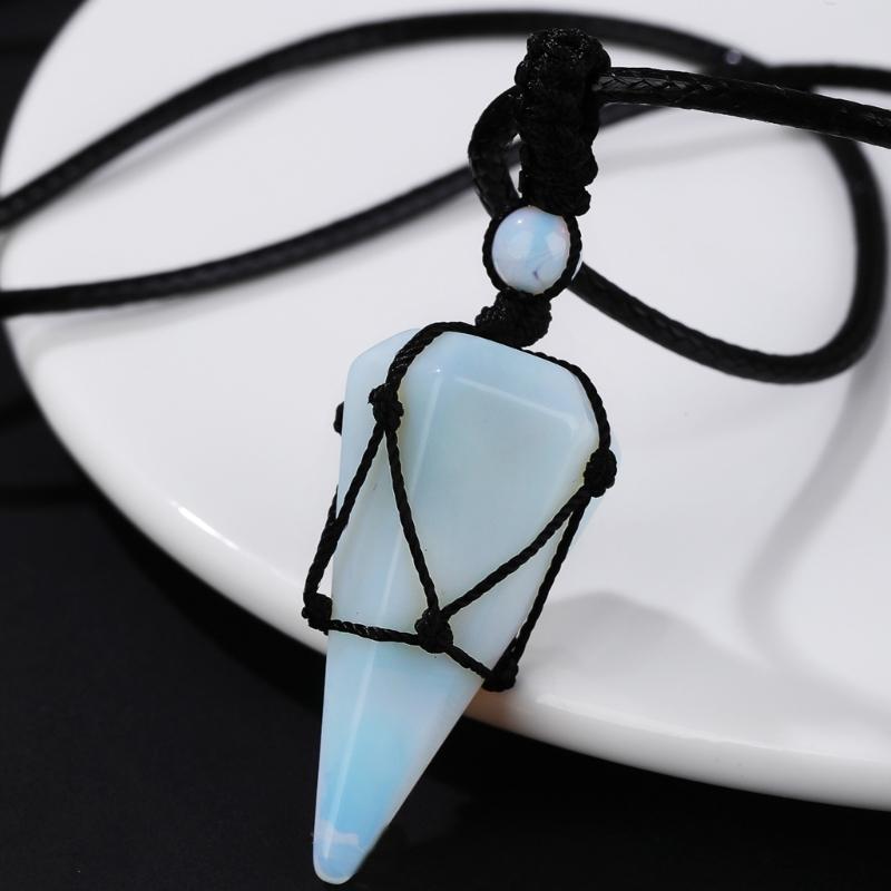 Hexagonal Cone Mesh Pendant Necklace With Natural Opal Gemstones Elegant Portable Jewelry for Women